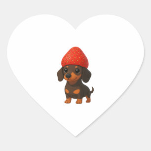 Sticker Cœur Dachshund drôle avec des fraises et un chapeau fru