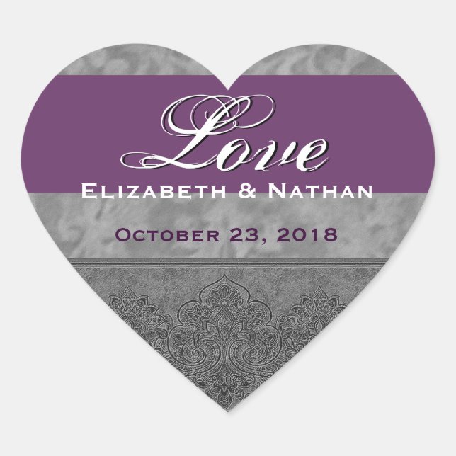 Sticker Cœur Damas Mariage gris et violet (Devant)