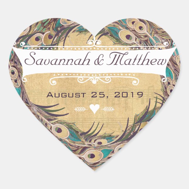 Sticker Cœur Damask Peacock Elegance Eggplant Gold et Aqua (Devant)