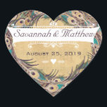 Sticker Cœur Damask Peacock Elegance Eggplant Gold et Aqua<br><div class="desc">Art Nouveau Roaring 20's Peacock Eggplant Aqua Vintage 3 Peacock Feathers Vintage Gold Damask Peacock In Eggplant and Aqua Peacock Wedding Invitations</div>
