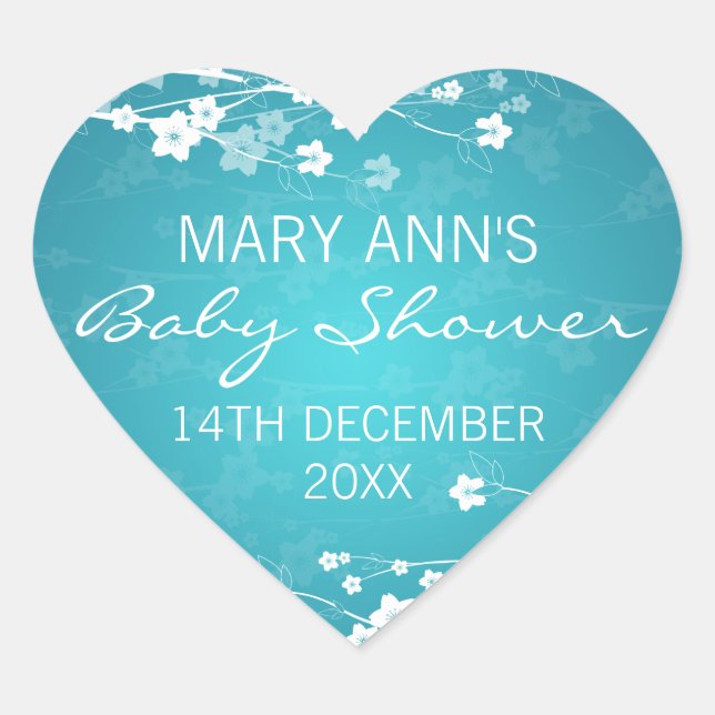 Sticker Cœur Date du baby shower Cerisier Fleur Turquoise (Devant)