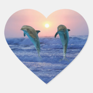 Sticker Cœur Dauphins au lever de soleil