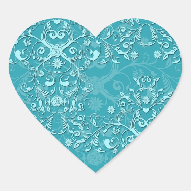 Sticker Cœur Délicat deux tons Fancy Floral Turquoise Damask (Devant)