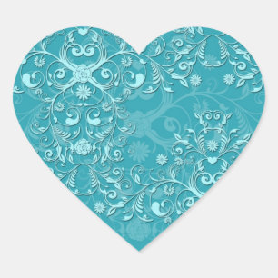 Sticker Cœur Délicat deux tons Fancy Floral Turquoise Damask