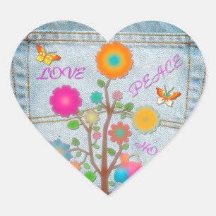 Sticker Cœur Denim Back Fleurs de poche Paix Aimer Espoir