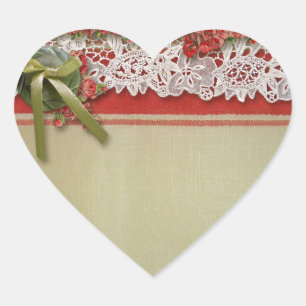 Sticker Cœur Dentelle de Rose Antique Rouge Rustique Burlap Vic