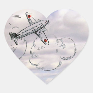 Sticker Cœur Dessin d'avion vintage dans les nuages