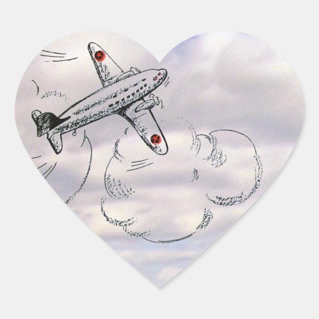 Sticker Cœur Dessin d'avion vintage dans les nuages (Devant)