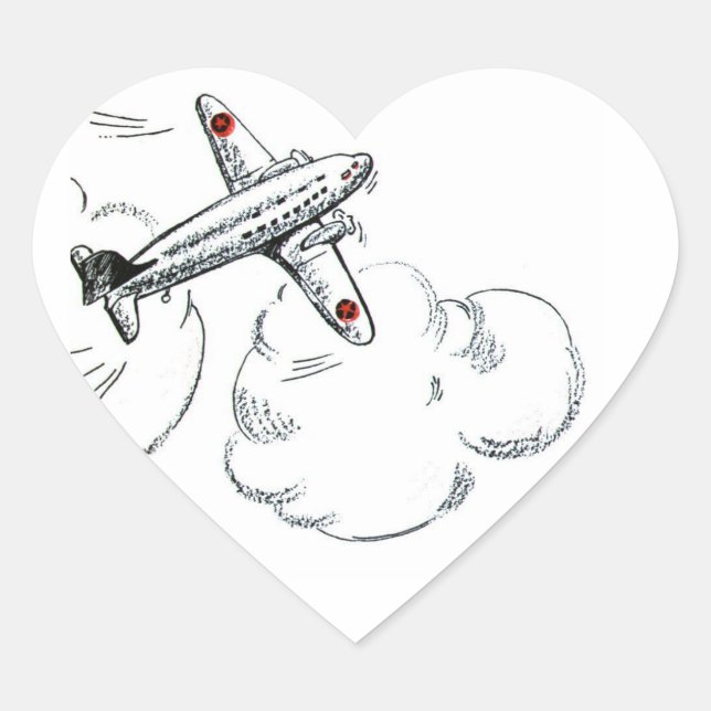 Sticker Cœur Dessin noir et blanc de l'avion vintage (Devant)