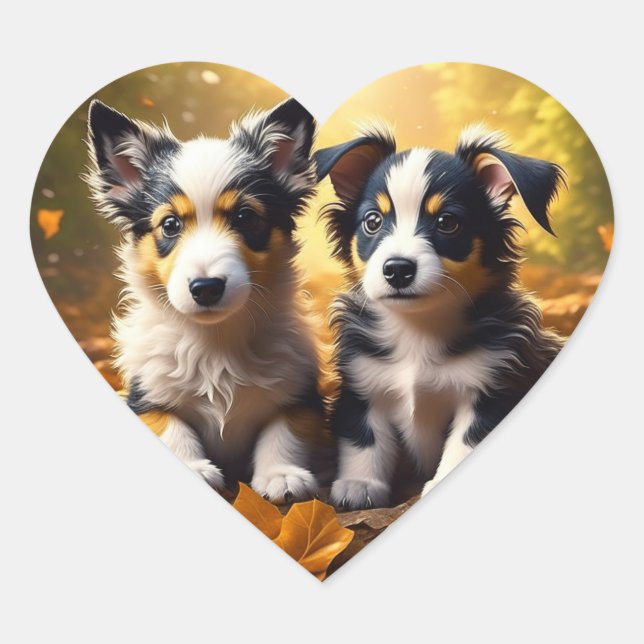 Sticker Cœur Deux mignons chiots qui jouent dans les feuilles d (Devant)