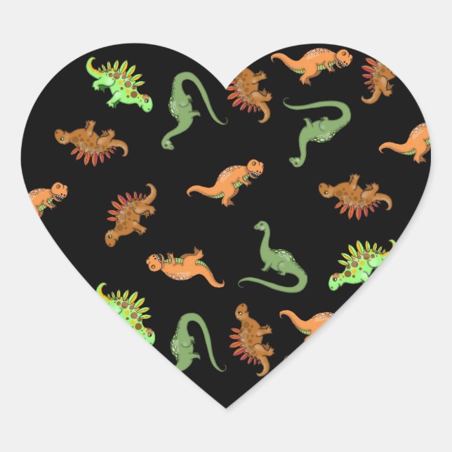 Sticker Cœur Dinosaures mignons sur fond noir (Devant)