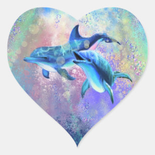 Sticker Cœur Dolphin Couple - Ajouter Votre Texte / Nom -