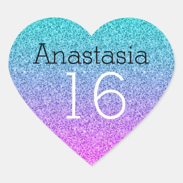 Sticker Cœur Douce 16 Seize Ombre bleu rose Parties scintillant (Devant)