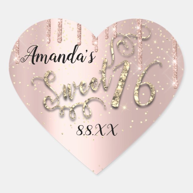 Sticker Cœur Douce 16e Parties scintillant Coeur Confetti Rose  (Devant)