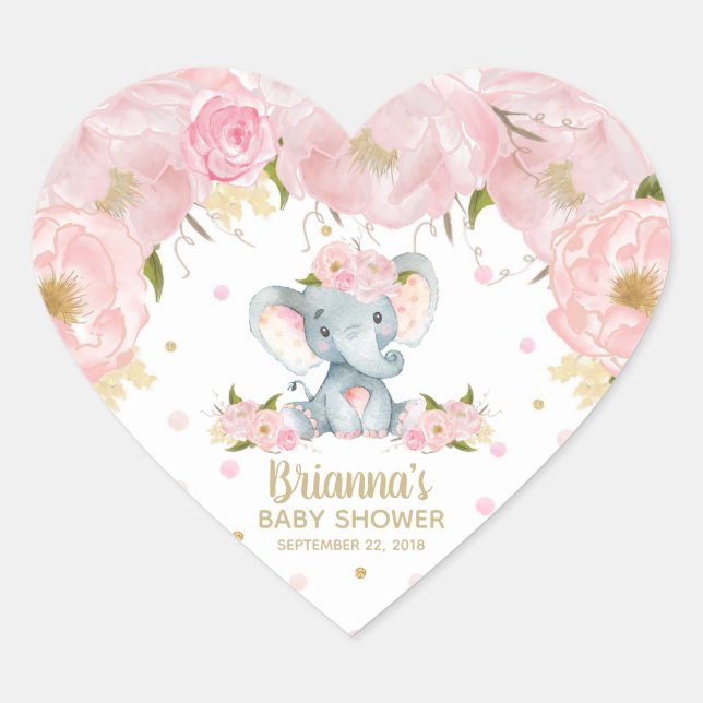 Sticker Cœur Douce Éléphant Fleurs Roses Baby Shower (Devant)