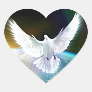 Sticker Cœur Dove of peace holy spirit over earth with Rainbow.