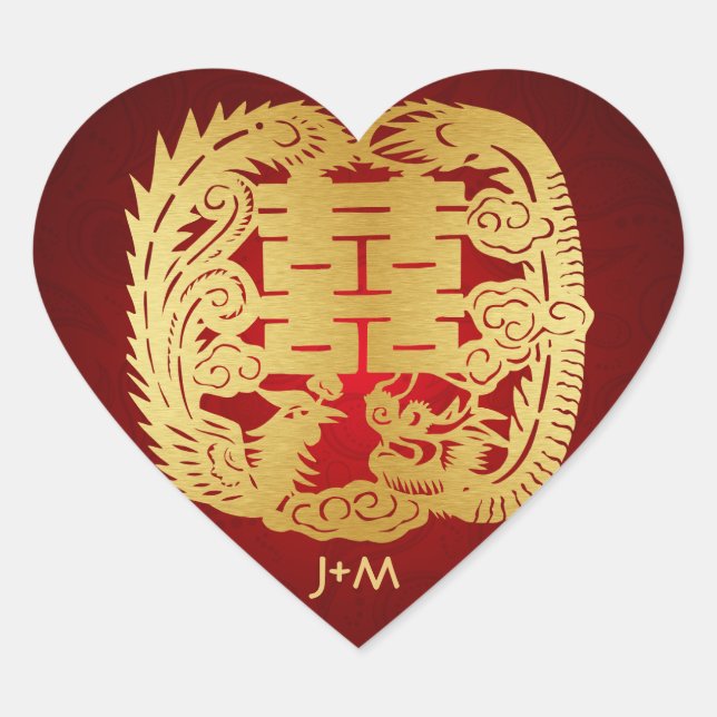 Sticker Cœur Dragon chinois double bonheur / Mariage Phoenix (Devant)