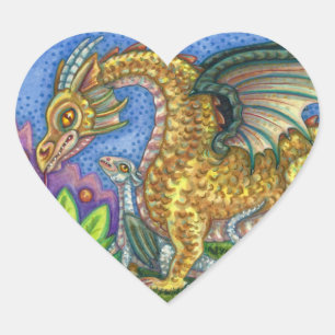 STICKER CŒUR DRAGON MÉDIÉVAL & JEUNE, JARDIN D'ART FOLK COLORÉ