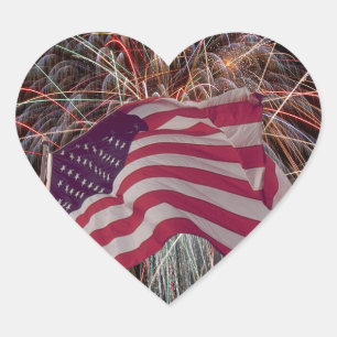 Sticker Cœur Drapeau américain et feux d'artifice