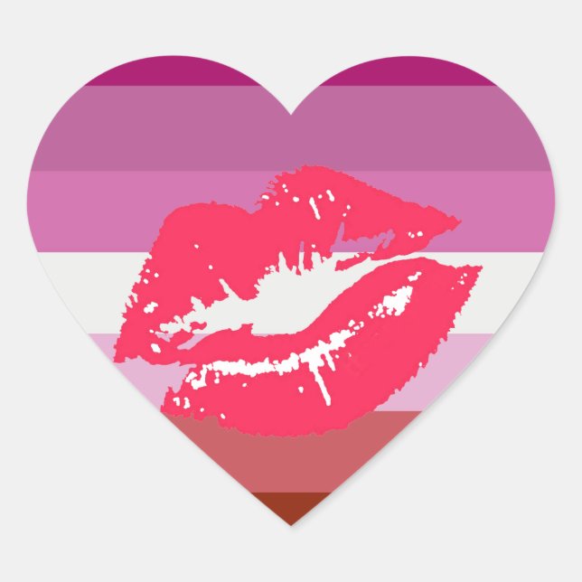 Sticker Cœur Drapeau de fierté lesbienne au rouge à lèvres et l (Devant)
