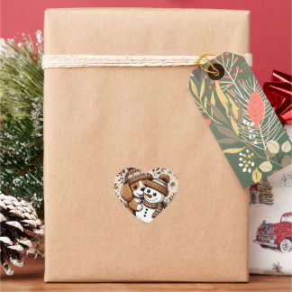 Sticker Cœur Duo d'hiver mignon : Chien dans Casquette à motifs