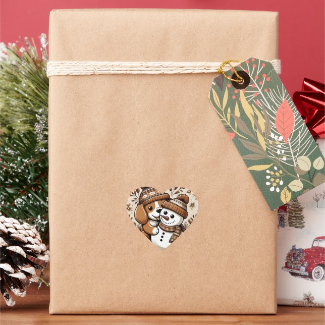 Sticker Cœur Duo d'hiver mignon : Chien dans Casquette à motifs (vacances)