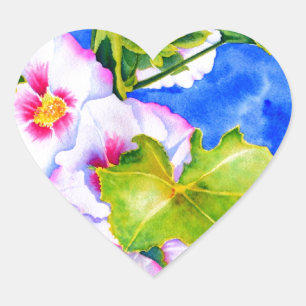 Sticker Cœur Eelgant rose aquarelle florale Hollyhocks