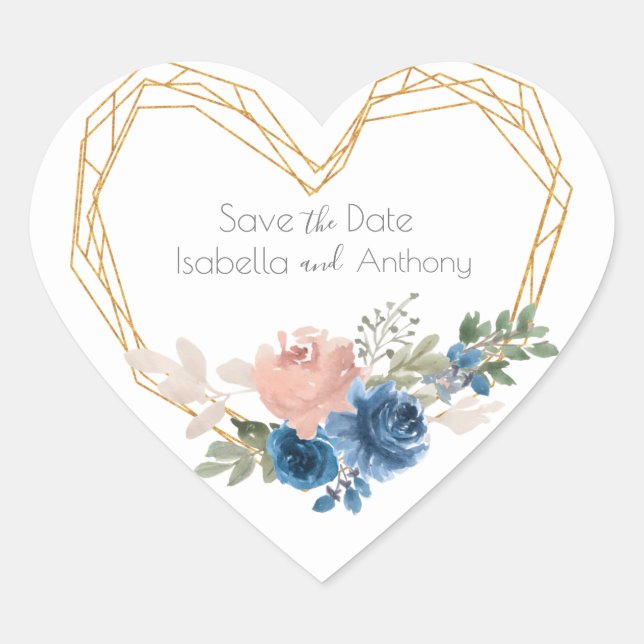 Sticker Cœur Elégant Blue Gold Heart Floral Names Mariage (Devant)