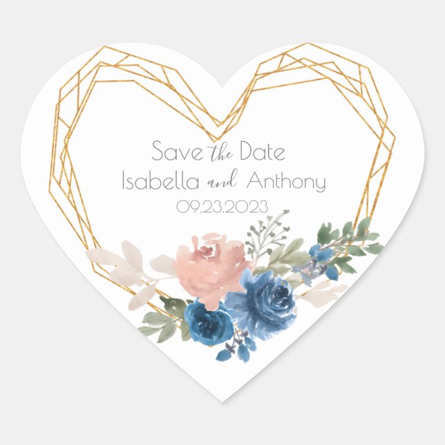 Sticker Cœur Elégant Blue Gold Heart Floral Noms Date Mariage (Devant)