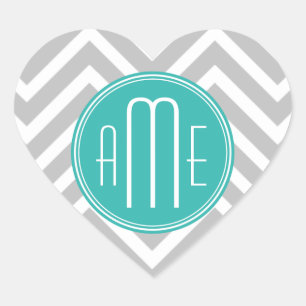 Sticker Cœur Élégant Chevron Gris Moderne et Monogramme Menthe