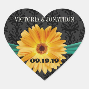 Sticker Cœur Élégant Emerald Green Jaune Gerber Daisy Mariage