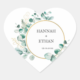Sticker Cœur Élégant Eucalyptus Personnalisé Vert Doré 