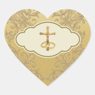 Sticker Cœur Élégant Golden Crucifix Mariage Anneaux Coeur Stic