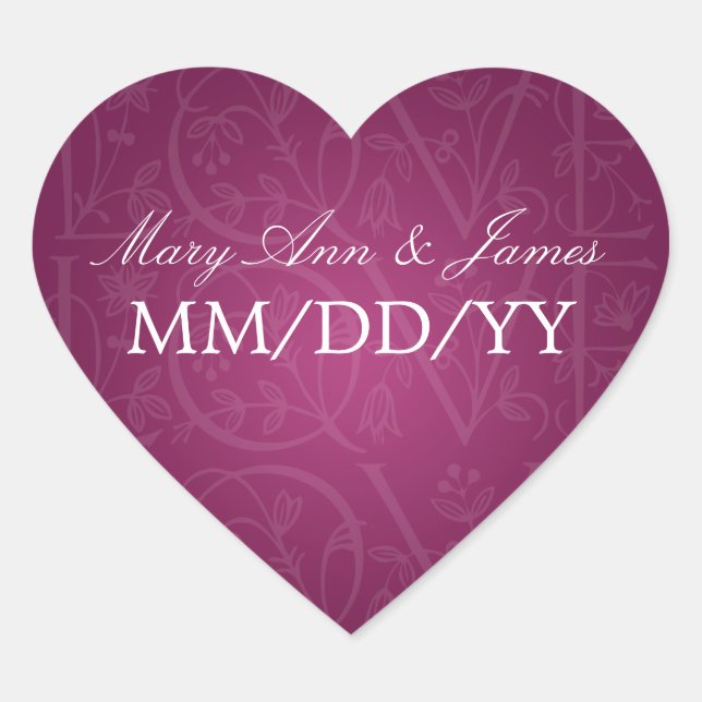 Sticker Cœur Elégant Mariage Date Amour Flourish Berry Rose (Devant)