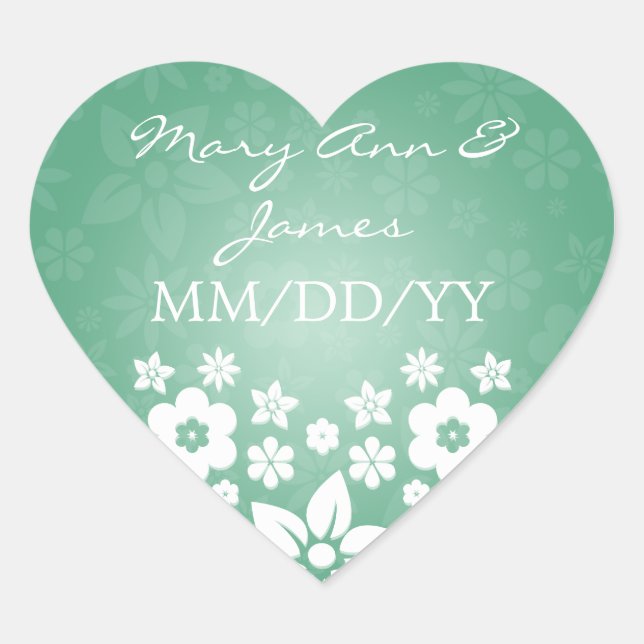 Sticker Cœur Elégant Mariage Date Fleur Coeur Mint Vert (Devant)