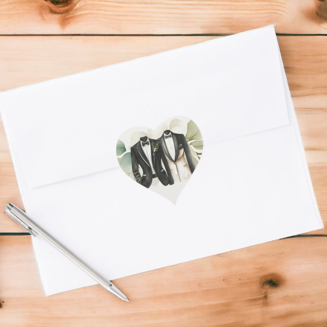 Sticker Cœur Elégant Mariage gay deux pièces en costume (Elegant Gay Wedding Two Grooms in Suits Stickers from Ricaso)