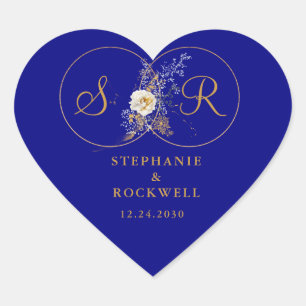 Sticker Cœur Élégant Monogramme Or sur Mariage bleu marine