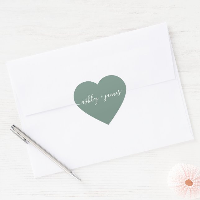 Sticker Cœur Elegant Names Dusty Green Wedding Seal (Enveloppe)