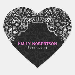 Sticker Cœur Elégant noir Damas Argent métal Vintage dentelle