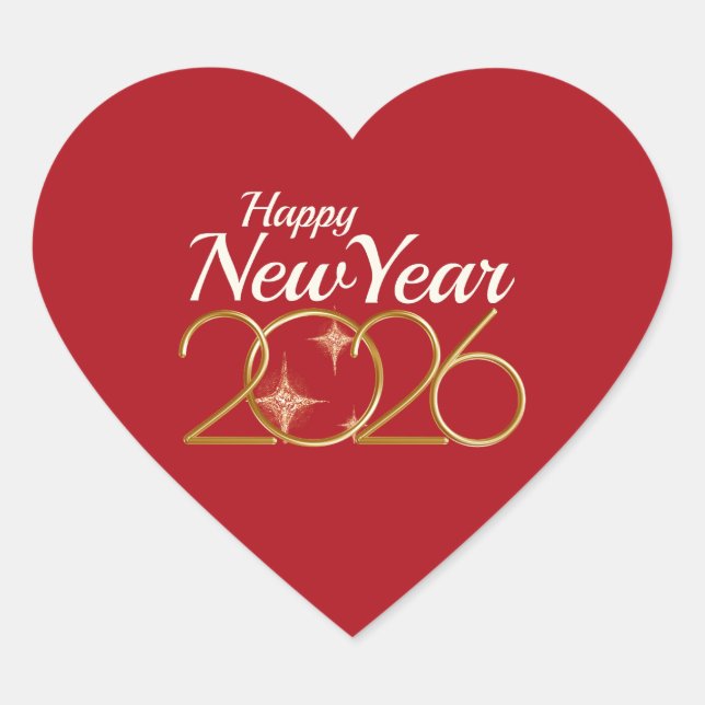 Sticker Cœur Elegant Red & Gold “Happy New Year 2026”  (Devant)