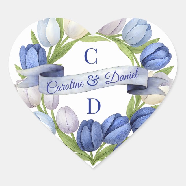 Sticker Cœur Elégante aquarelle Tulipe Mariage de couronne bleu (Devant)