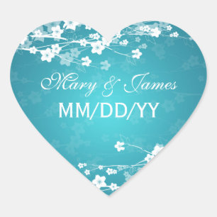 Sticker Cœur Elégante Date de Mariage Cerisier Fleur Bleu