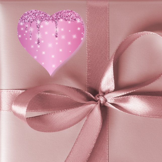 Sticker Cœur Élégante Goutte de Paillettes Rose Chaud (Glam hot pink glitter drip bachelorette sticker- perfect for gift bags, favors, or party decor.)