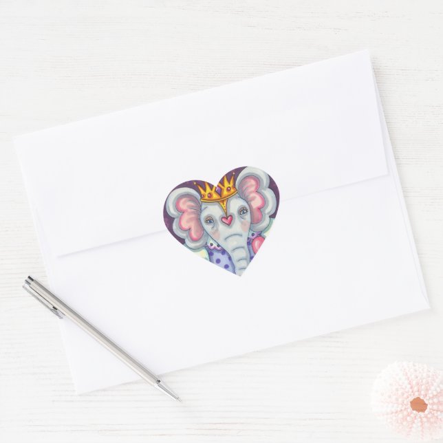 STICKER CŒUR ELEPHANT REINE DES COEURS ET ROSE ROYAL VALENTINE (Enveloppe)