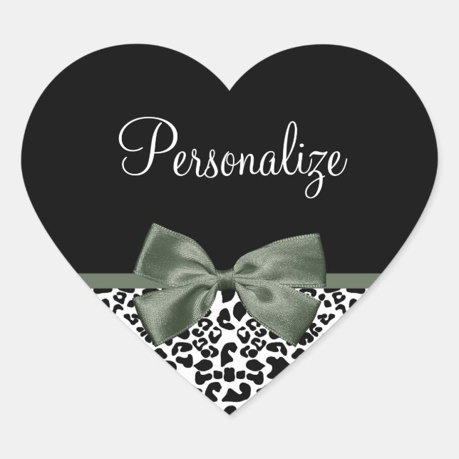 Sticker Cœur Empreinte de léopard animal Motif noir vert Bow (Devant)