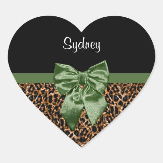 Sticker Cœur Empreinte de léopard élégant Elegant Green Bow et