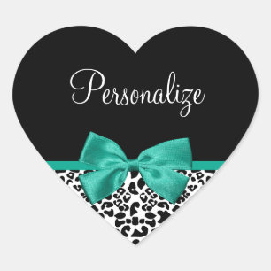 Sticker Cœur Empreinte de léopard Emerald Green Ribbon Bow Chic