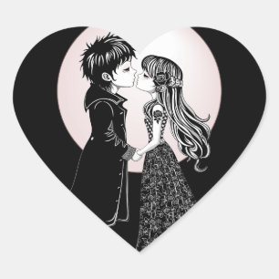 Sticker Cœur Enfants gothiques emo mignons s'embrassent pour la