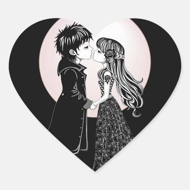 Sticker Cœur Enfants gothiques emo mignons s'embrassent pour la (Devant)