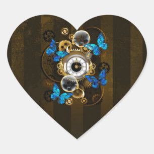 Sticker Cœur Engrenages Steampunk et papillons bleus